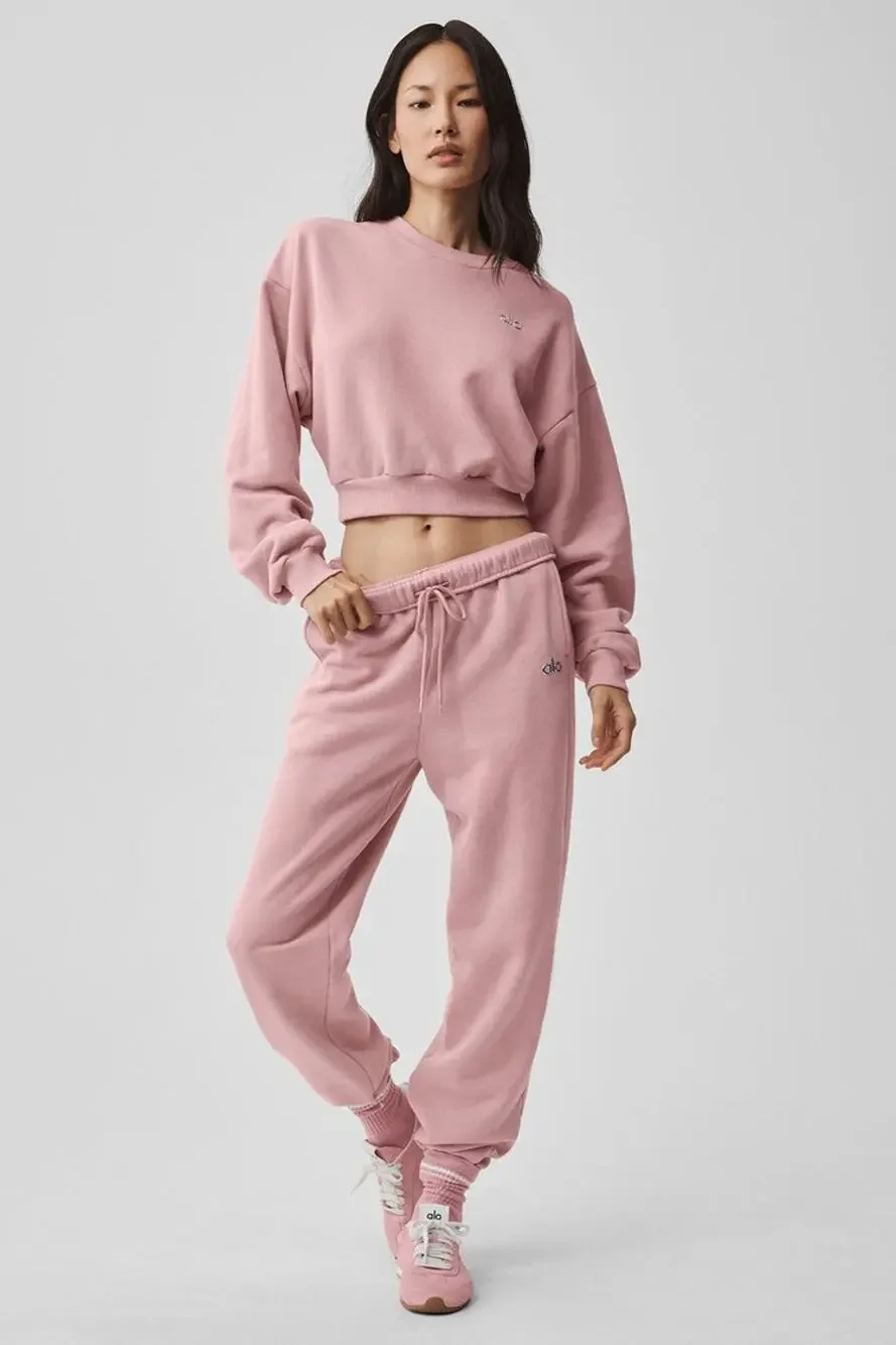 Alo Yoga Accolade Vintage Pink 2 Piece Sweatpants Crew Sweatshirt Set S